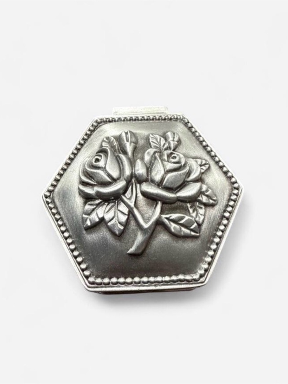 Silver Tone Rose Hexagon Compact Jewelry Box Ring Storage- Women Accessories